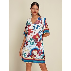 Satin Floral Print Half Sleeve V Neck Mini Dress