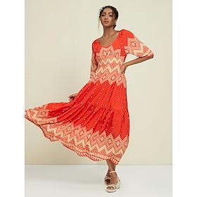 Satin Folk Print Half Sleeve V Neck Maxi Dress