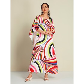 Satin Geometric Raglan Sleeve Color Block Kaftan Maxi Dress