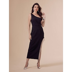 Black Fringe Irregular Hem One Shoulder Elegant Fashion Dress