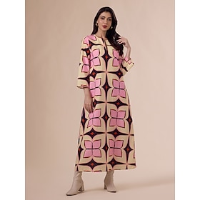 Geometric Print Notched Collar Maxi Dress