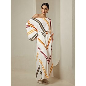 Satin Multi Color Stripe Slash Neck Blouse Wide Leg Pants Two Piece Sets